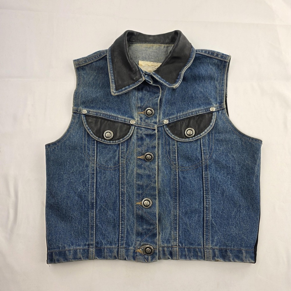 Vintage Cache Vest Womens Small Blue Denim Leather Biker Button Front Motorcycle